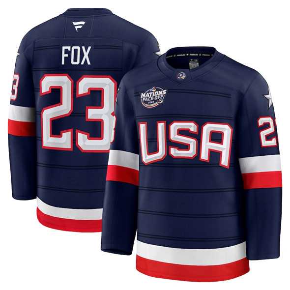 Men%27s USA #23 Adam Fox Navy 2025 4 Nations Stitched Jersey Dzhi